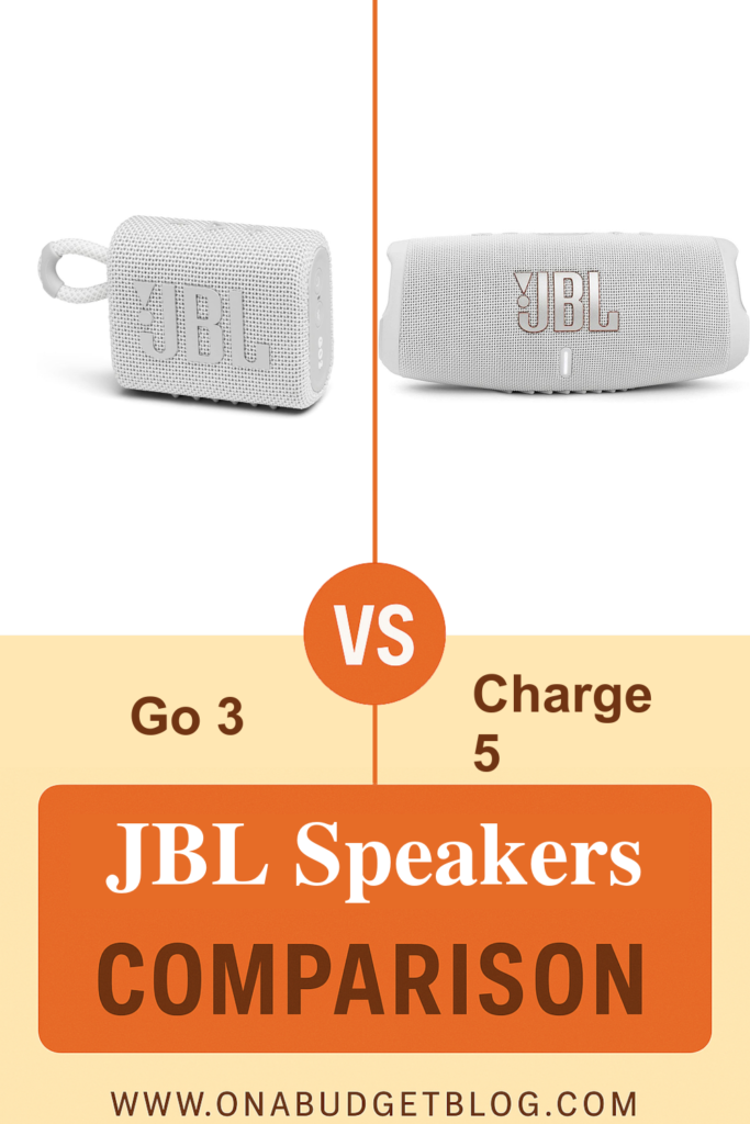 White JBL Go 3 and Charge 5 speakers face off under an orange VS badge in a JBL Speakers Comparison graphic.