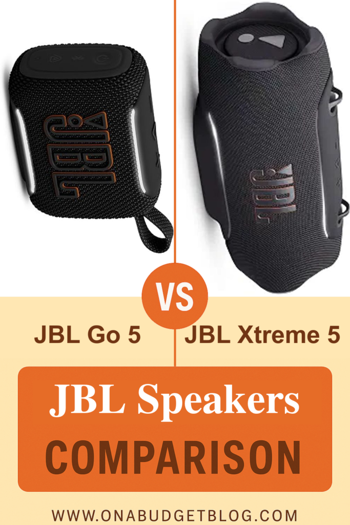 JBL Go 5 and JBL Xtreme 5 black portable speakers side by side under a VS graphic reading JBL Speakers Comparison.