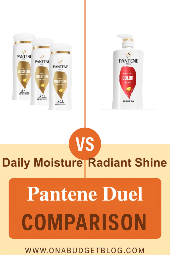 Three Pantene Daily Moisture Renewal bottles versus Pantene Radiant Color Shine shampoo in a Pantene Duel comparison.